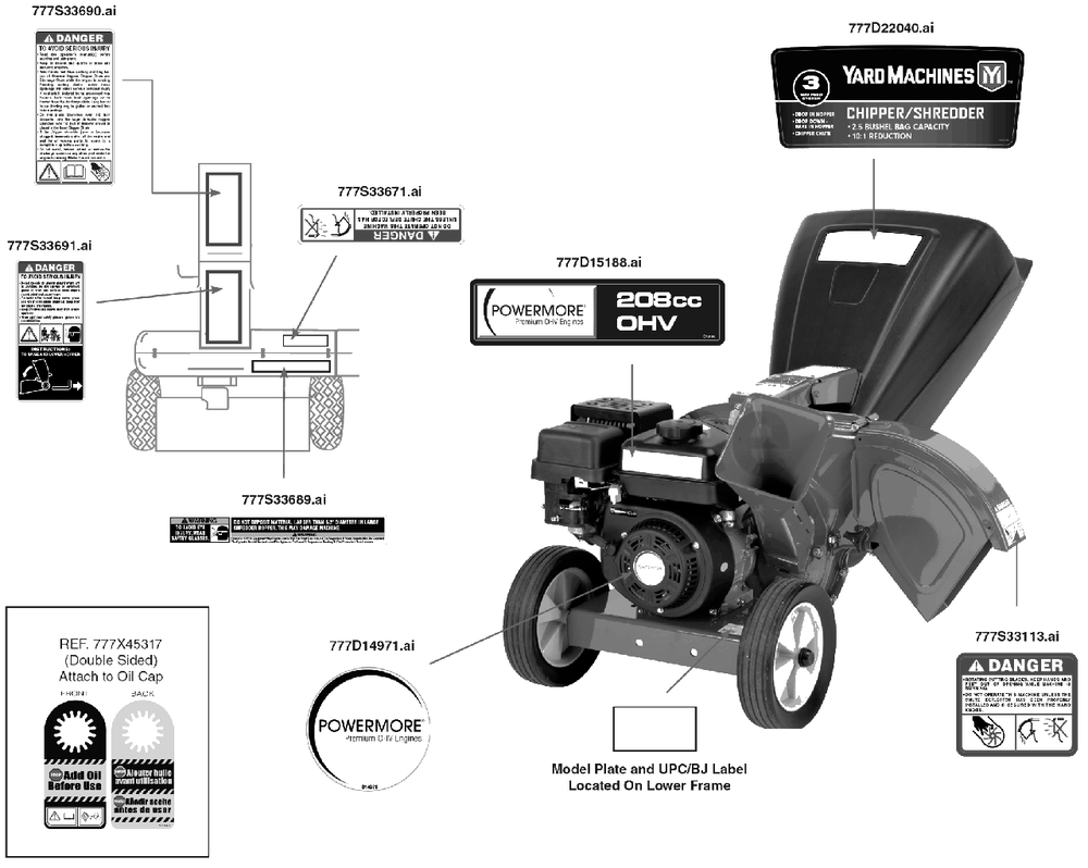 Label Map Diagram and Parts List for CS45M4 (24A-45M4700)(2018) Yard Machines Chipper Shredder